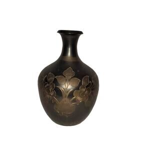 Vintage Etched Engraved Brass Bulbous Vase Flowers India Tapered 6" tall